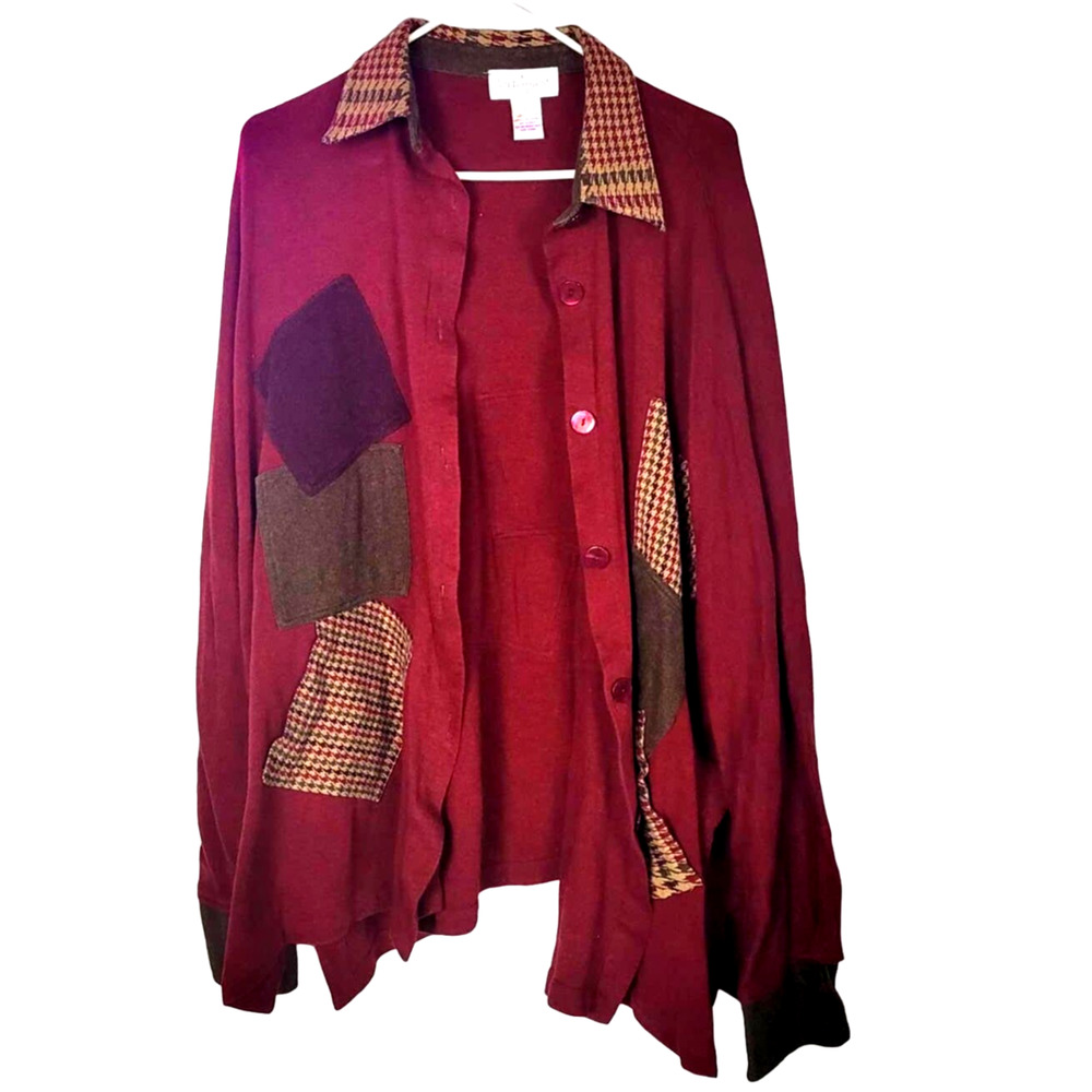 Kathy Levine Burgundy Hobo Quilt Patchwork Primitive Button Down Shirt Womans XL